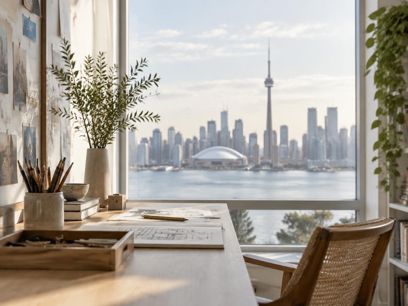 A bright studio desk with drawing tools and the Toronto skyline visible through the window