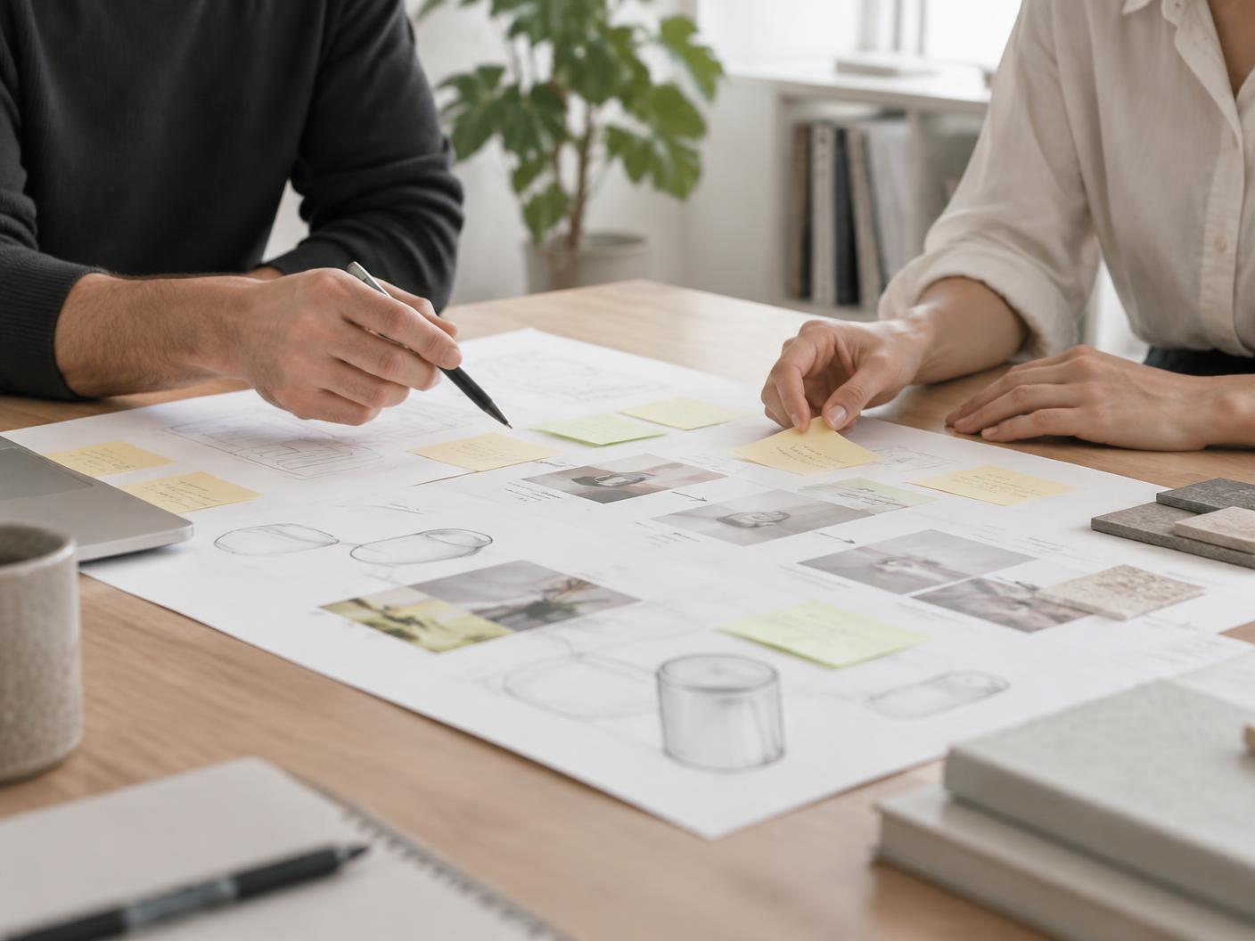 Two people reviewing a printed product roadmap with sketches and notes on a studio table